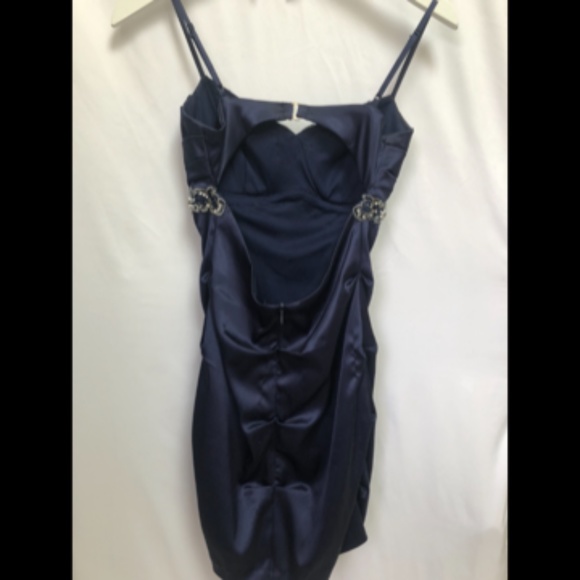 B. Darlin Navy Blue Short Formal Dress Satin-Look Size 3/4 with Sequin Bead Trim - Picture 4 of 11
